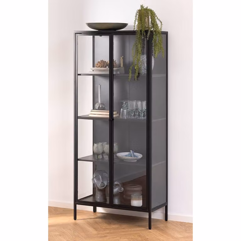 Bendt Vitrinekast Lua zwart metaal en glas B/D/H: 80 x 40 x 180 cm