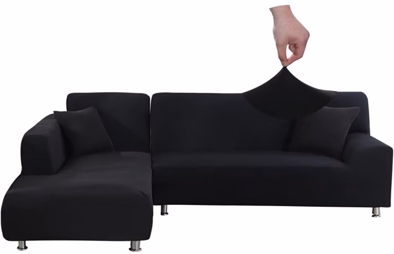 Zwarte bankhoes voor L-vormige tweezitsbanken van elastische stof, 145-185 cm