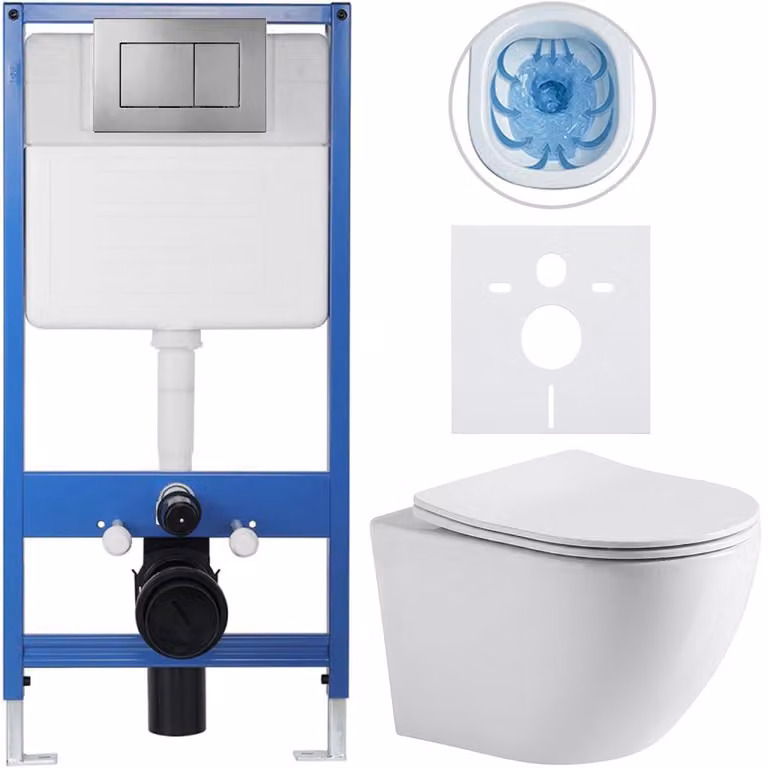 CERANO Complete inbouwtoiletset Lite/Verde - Wit glanzend met donkergrijze Classic toiletknop - Voor wandmontage/gipsplaat - 49 x 36 cm