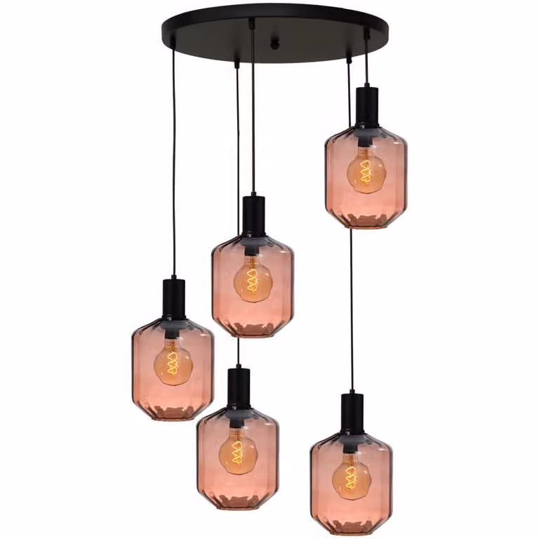 Masterlight Porto 5-lichts vide hanglamp zwart met rood transparant glas Ø 24cm
