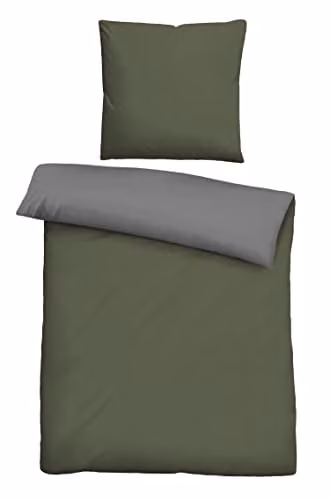 Biberna Beddengoedset Linon met kussensloop, Groen/Bruin, Katoen, Dekbedovertrek 155 x 220 cm en Kussensloop 80 x 80 cm