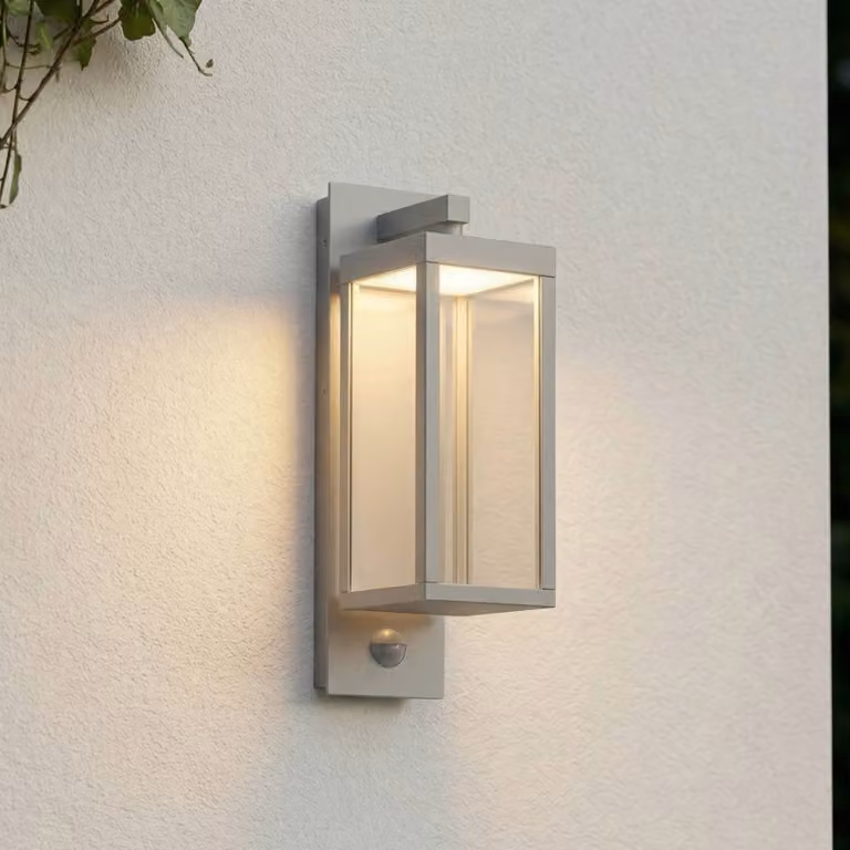 Lucande Ferdinand LED buiten wandlamp met bewegingssensor, grijs, Aluminium en Glas