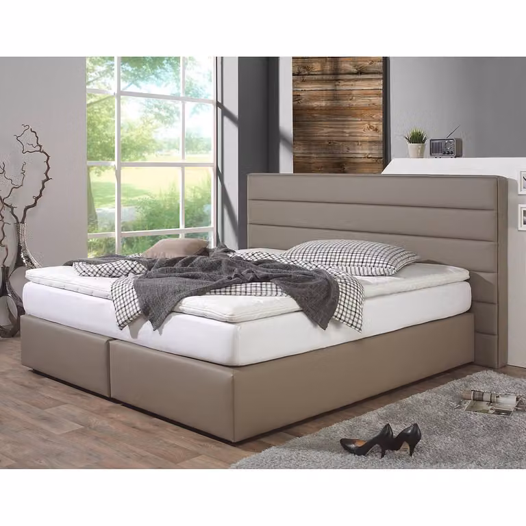 home24 Boxspring Ingebo B/D/H: 160 x 200 cm, kunstleer, bruin/grijs/taupe, met H3 pocketveringmatras