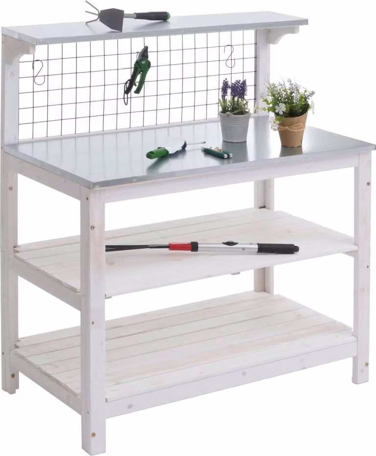 Mendler Tuinmeubel HWC-N55 Plantenrek en Bloementafel in Wit Hout met Verzinkte Plaat, B/D/H: 117 x 102 x 56 cm