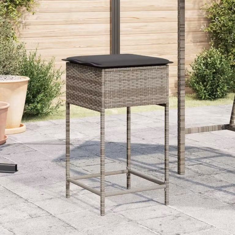 Set van 2 grijze rotan barkrukken met kussens voor tuin of terras