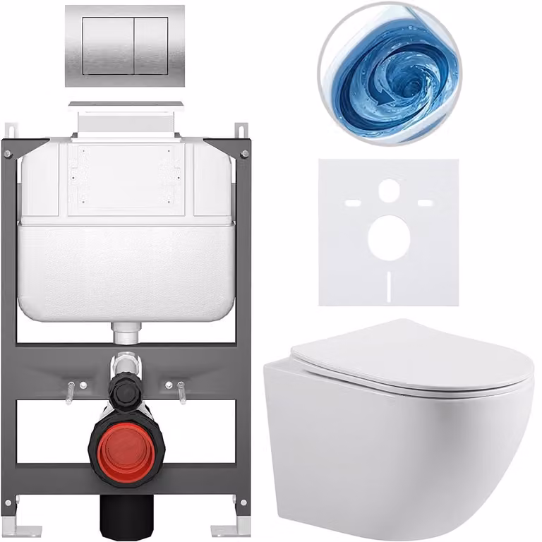 CERANO Toiletset Cesso inclusief toiletpot, wit glanzend, met zilverkleurige Prime/Maxio bedieningsknop bovenop, voor wandmontage, 49 x 36 cm