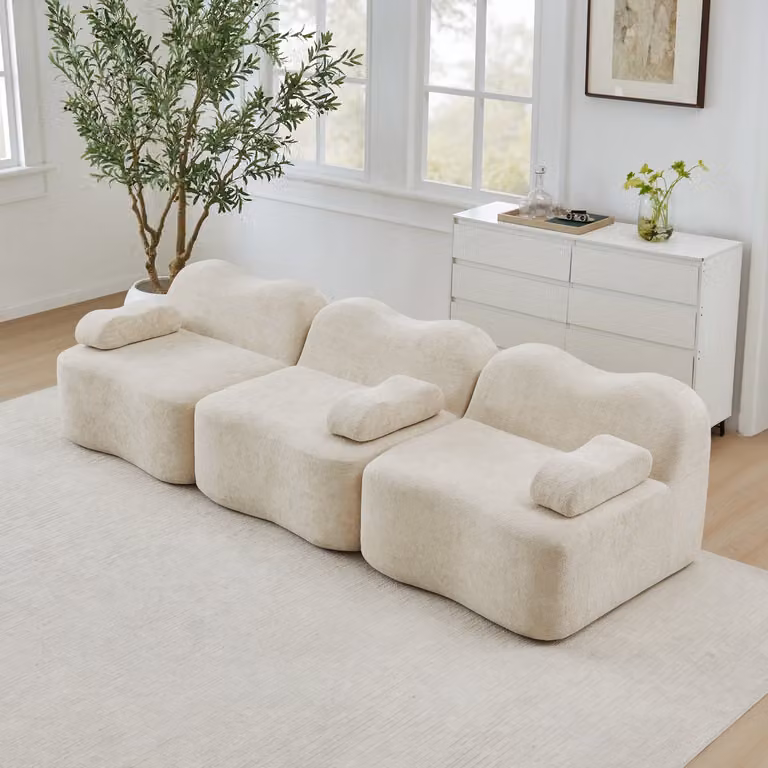 FloraGrace Hoekbank Zonder Frame - Modulaire Beige Fluwelen Bank met Hocker voor de Woonkamer