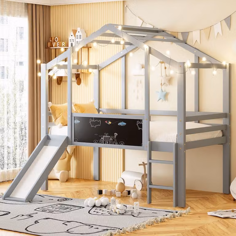 Mivray Kinder Hoogslaper met Glijbaan, Ladder en Krijtbord - Massief Hout - Grijs - 90 x 200 cm