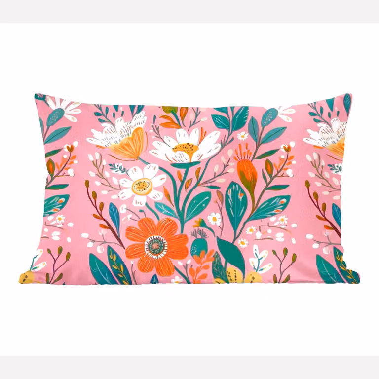 Sierkussen met bloemenpatroon voor de woonkamer, Roze, Wit en Oranje, 60 x 40 cm