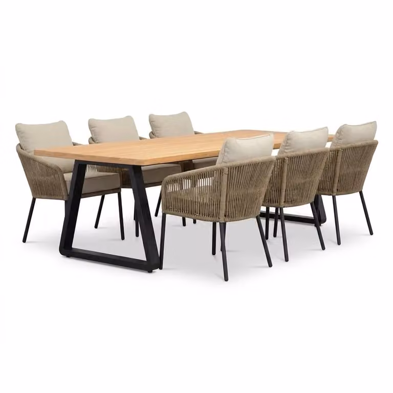 LUX outdoor living Elena/Mara Sahara Dust low dining tuinset voor 6 personen van teakhout en touw, 240 cm