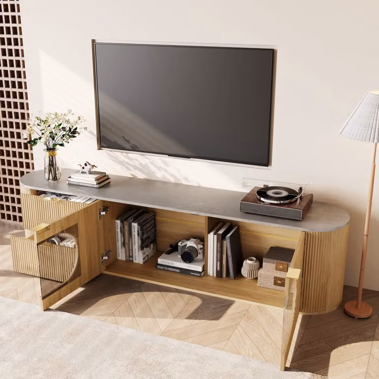 HAUSS SPOLE Tv Meubel met 3D Deurfronten, Grijze Glazen Vitrine en Opbergvakken, MDF Naturel, B: 172 cm, D: 38 cm, H: 45,5 cm