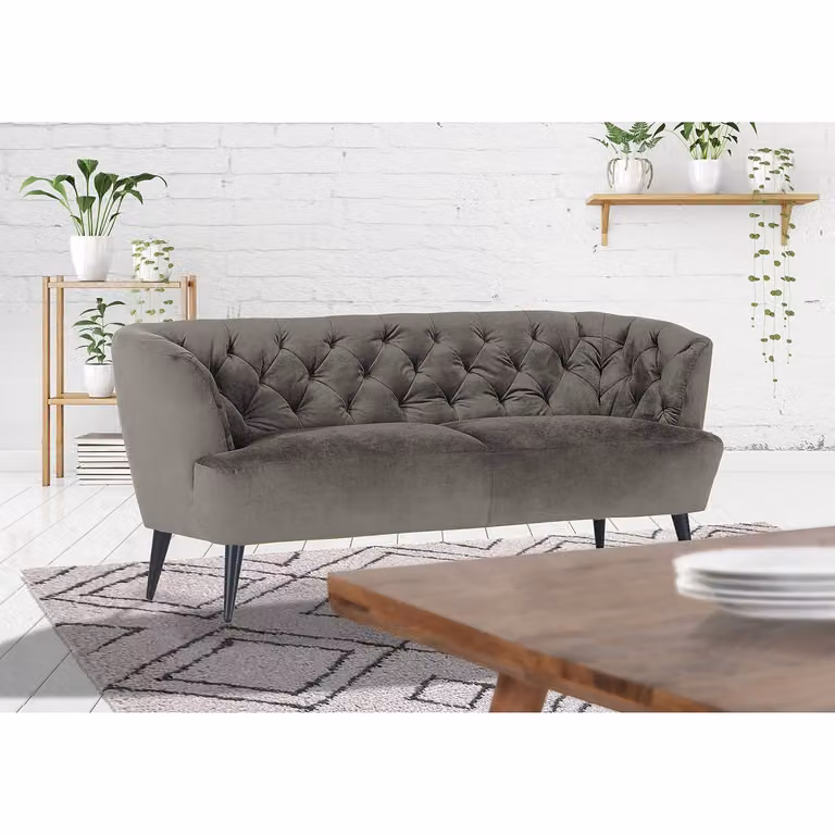home24 Keukenbank Burdett, 190 cm, grijs/zwart, fluweel