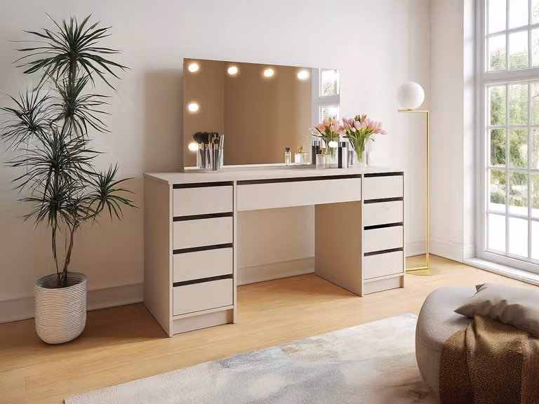 JENEMI Dubbele kaptafel met ledspiegel en 9 lades - Beige - B: 152,3 cm, H: 142,6 cm, D: 53,6 cm