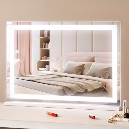 VEVOR Hollywood make-upspiegel met LED-verlichting, dimbaar, smart-touch bediening en USB-poort, wit, Breedte: 79,7 cm, Hoogte: 54,7 cm