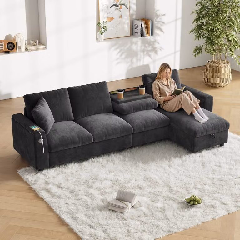 Merax L-vormige hoekbank met opbergruimte, uitschuifbare salontafel, bekerhouder en USB- en Type-C-aansluiting - Grijs