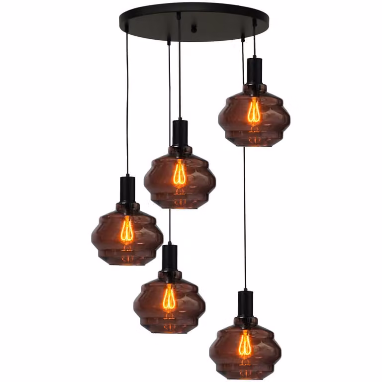 Masterlight Porto 5-lichts vide hanglamp - zwart - rood transparant glas