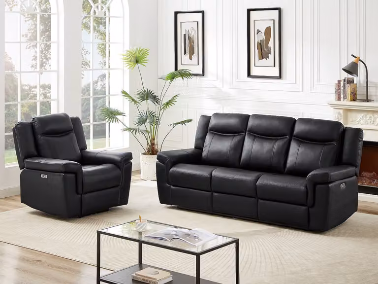 Vente-unique Kenneth Elektrische driezits relaxbank en fauteuil van leer - Zwart