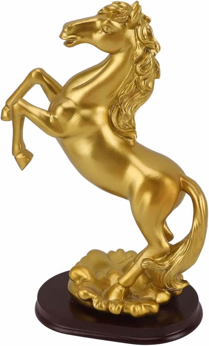 Gouden paard sculptuur van hars voor decoratie van je wijnkast - B/D/H: 32 x 31 x 15 cm