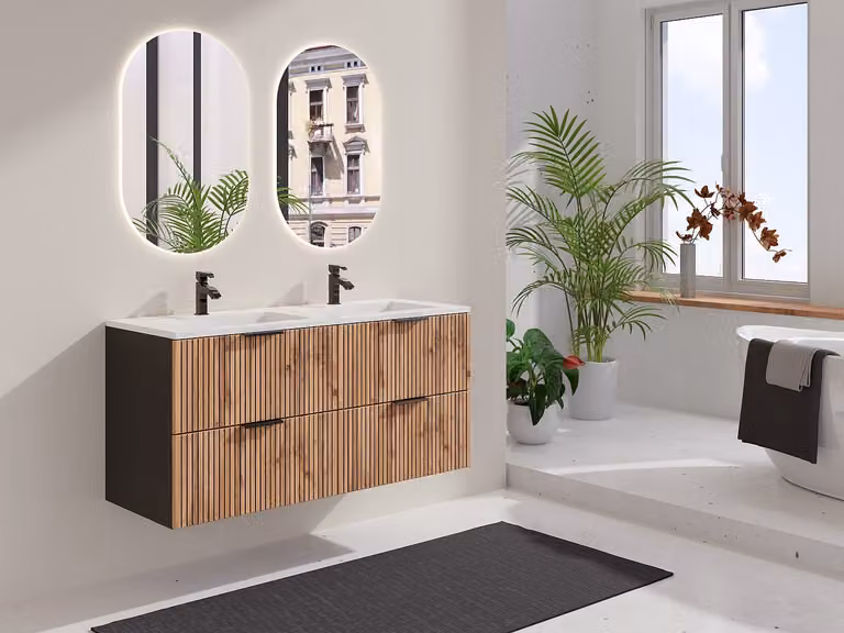 MADELA Wandmeubel voor badkamer met inbouwwastafel, Beige en Zwart, Breedte: 120 cm
