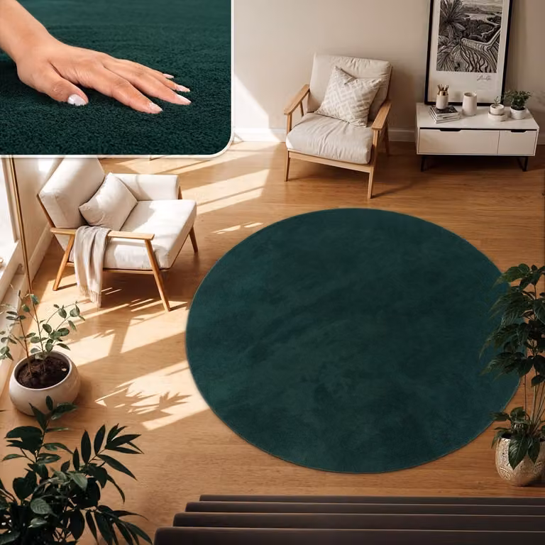 Modern Laagpolig Vloerkleed voor Woonkamer en Slaapkamer Rond, Donkergroen Petrol, Diameter: 160 cm