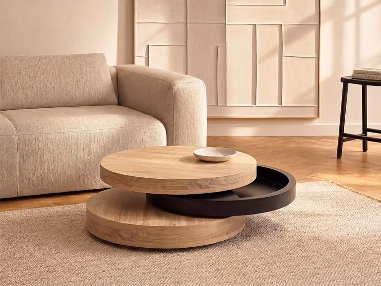 Janita Draaibare ronde salontafel met 1 nis van MDF - Zwart en licht naturel - B: 80 cm, D: 80 cm, H: 32,5 cm