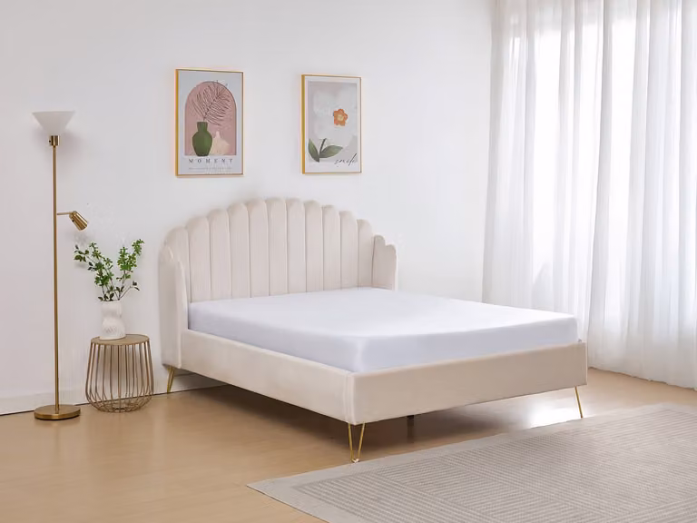 SAGALI Bed met matras en golvend hoofdbord, Beige Fluweel, B/D/H: 140 x 190 x 126 cm