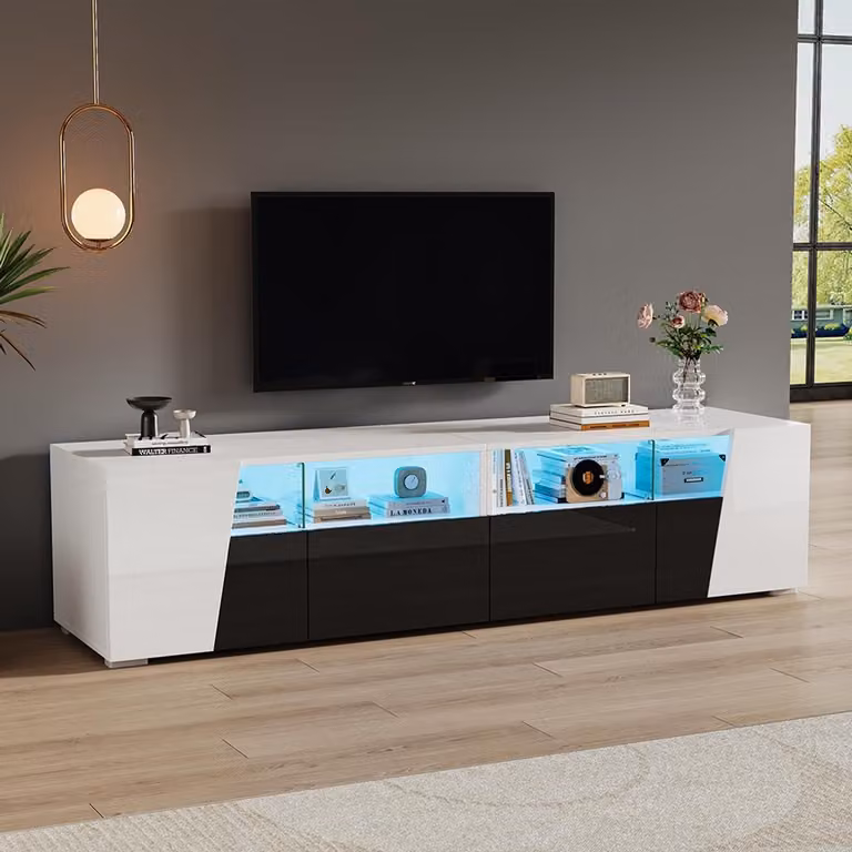 KOMHTOM Glanzend tv-meubel met ledverlichting, wit en zwart, B/D/H: 180 x 38,5 x 45 cm