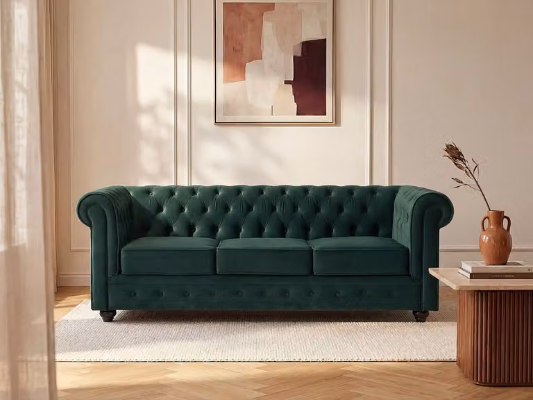 Groene Chesterfield driezitsbank van velours met afneembare hoezen