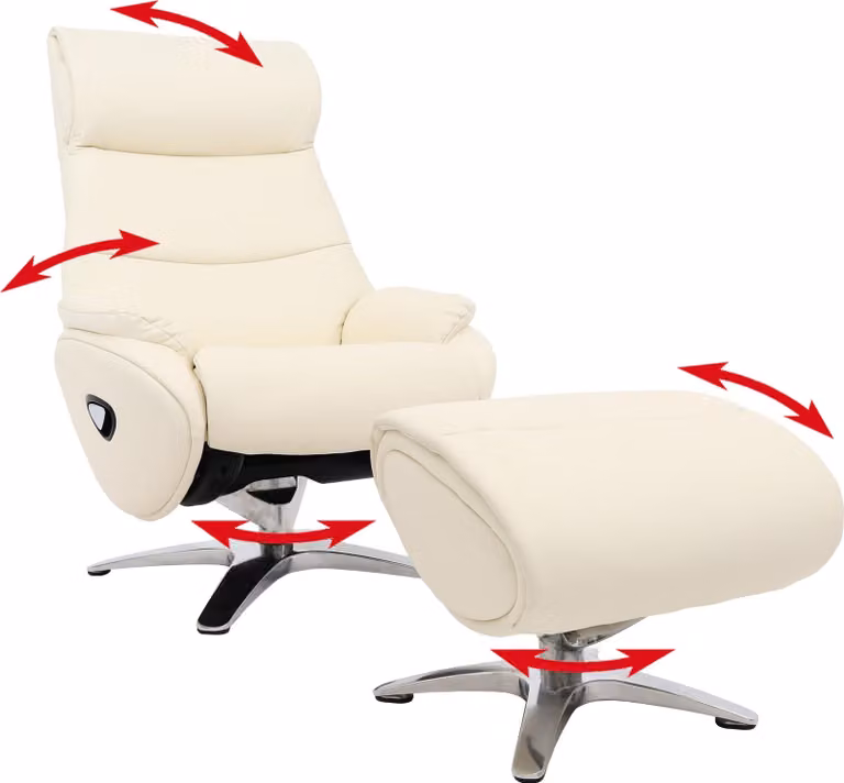 Mendler Relaxfauteuil met voetenbank HWC-K98, draaibaar en verstelbare rugleuning, echt leer/kunstleer, crème-wit