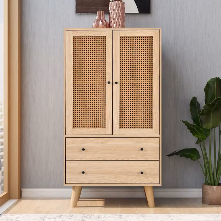 Sweiko Dressoir Opbergkast met 2 lades en Rieten afwerking in Natuurlijke houtkleur B/D/H: 60 x 40 x 120 cm