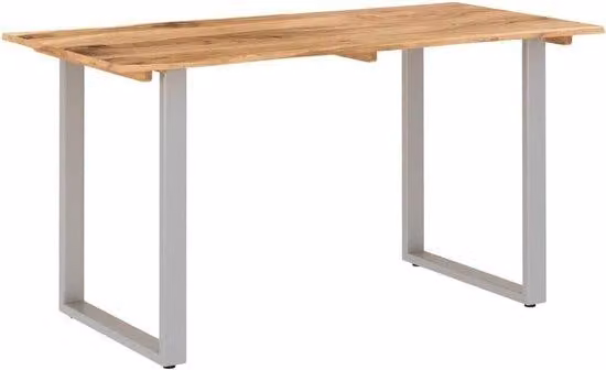WAN Eettafel van Massief Hout met Unieke Boomrand en Zilveren Onderstel - B/D/H: 140 x 70 x 76 cm