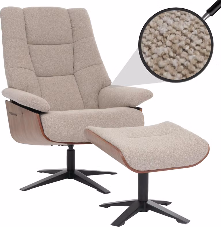 MCA Relaxfauteuil met voetbank HWC-N57, Televisiezetel en Ligfauteuil, Bouclé stof, Hout bruin