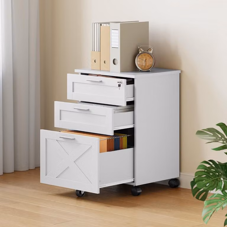 Houten archiefkast met 3 afsluitbare laden en wieltjes, wit