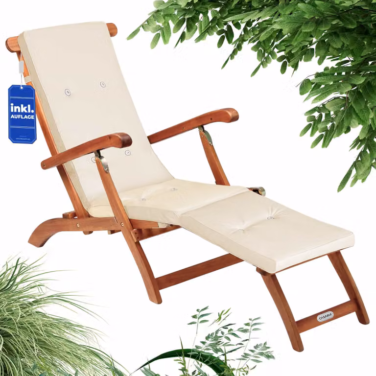 Casaria Zonnebed met houten acaciaframe en crème bekleding, inklapbaar en verstelbaar, 169 x 54 cm