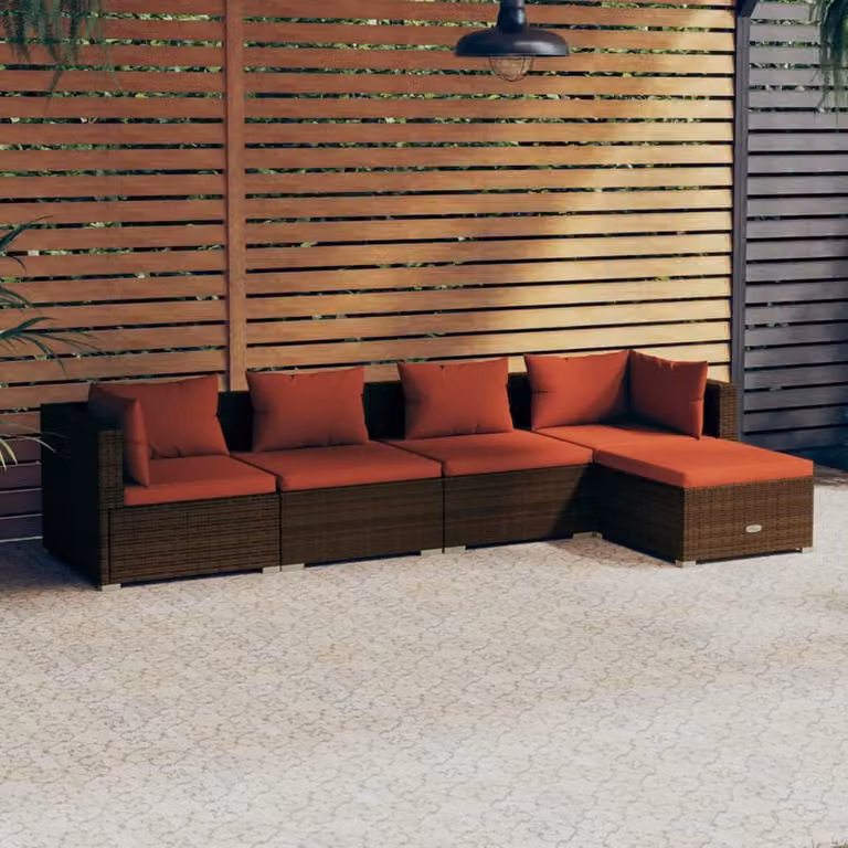 5-delige polyrotan tuin lounge set met kussens in het bruin