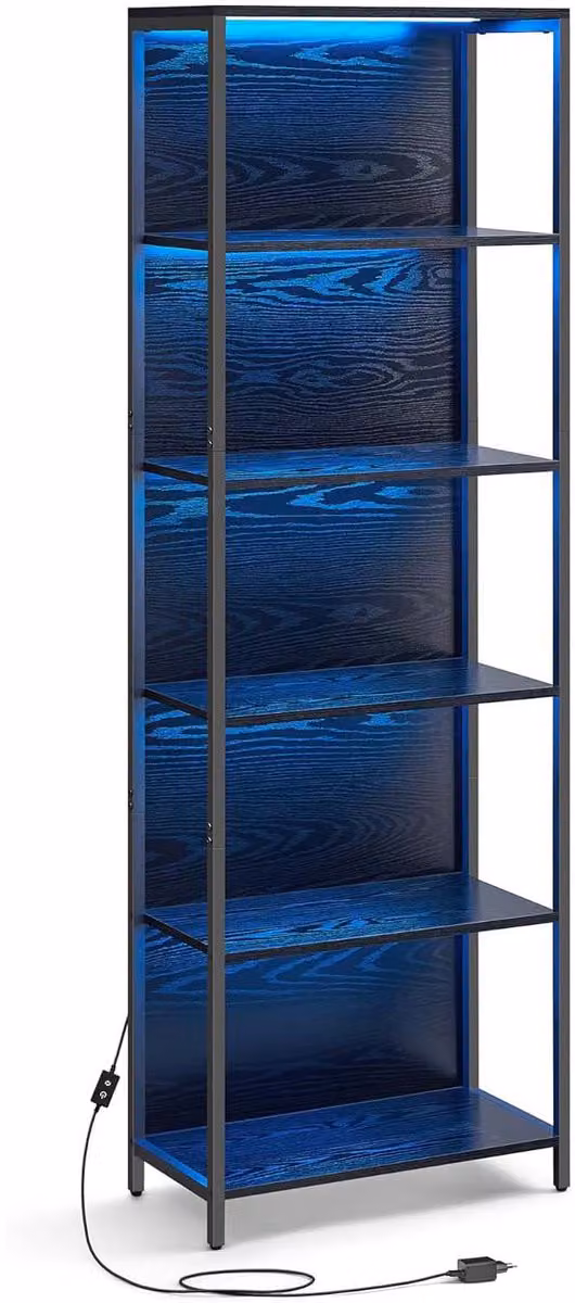 Zwart vloerstaand displayrek met zes lagen en verstelbare LED-verlichting, B/D/H: 30,3 x 60 x 178,6 cm