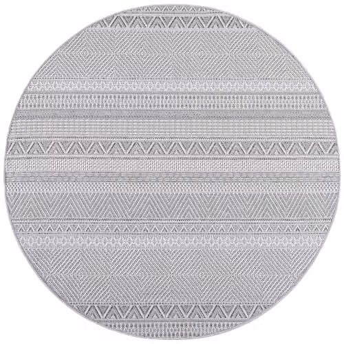 Grijs laagpolig rond tapijt met etnisch design voor de woonkamer, Diameter: 200 cm