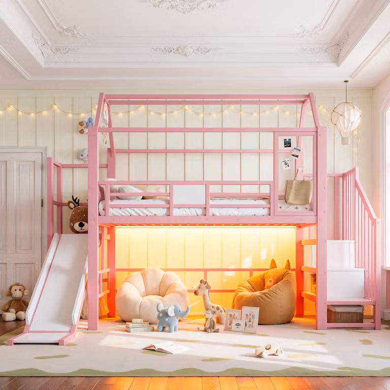 VVBV Hoogslaper met Glijbaan en Trap, Bluetooth LED en Opbergruimte, Roze, B/D/H: 90 x 200 cm