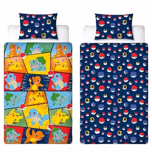 Pokemon Officieel gelicenseerd eenpersoons dekbedovertrek met Pikachu, Bulbasaur, Charmander en Squirtle design, omkeerbaar, inclusief kussensloop, 135 x 200 cm