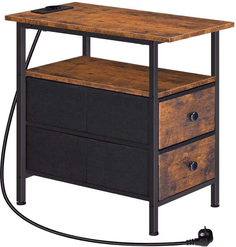 Trankielo Multifunctionele Bijzettafel met USB-laadstation en Vliesladen - Industrieel Rustiek Bruin en Zwart - B: 60 cm, D: 48 cm, H: 30 cm