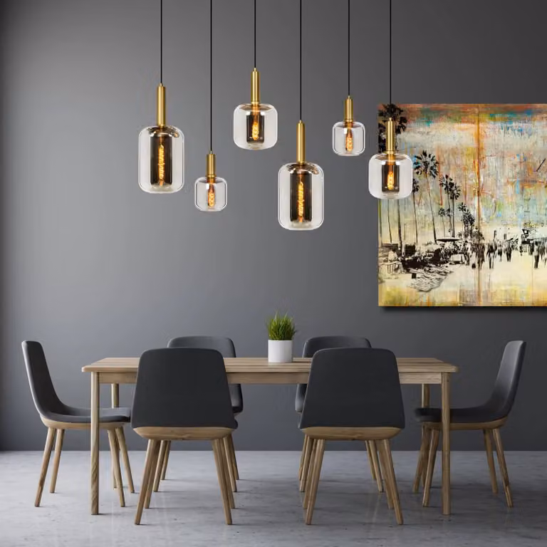 Lucide Joanet 6-lichts hanglamp goud/messing met grijs transparant glas, modern en dimbaar