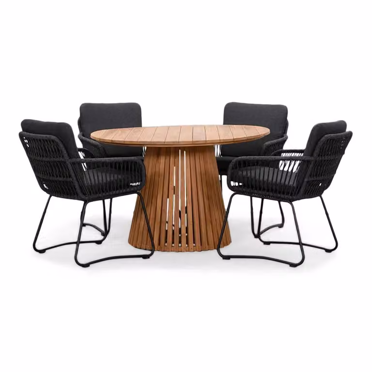 Palau/Harper Lava Grey eettafelset voor 4 personen van teakhout en touw, Breedte: 120 cm