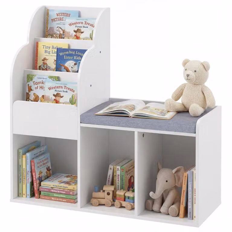 Costway Kinderboekenkast met Zitbank, Vrijstaande Boekenkast met 3 Planken en 3 Open Vakken voor de Kinderkamer