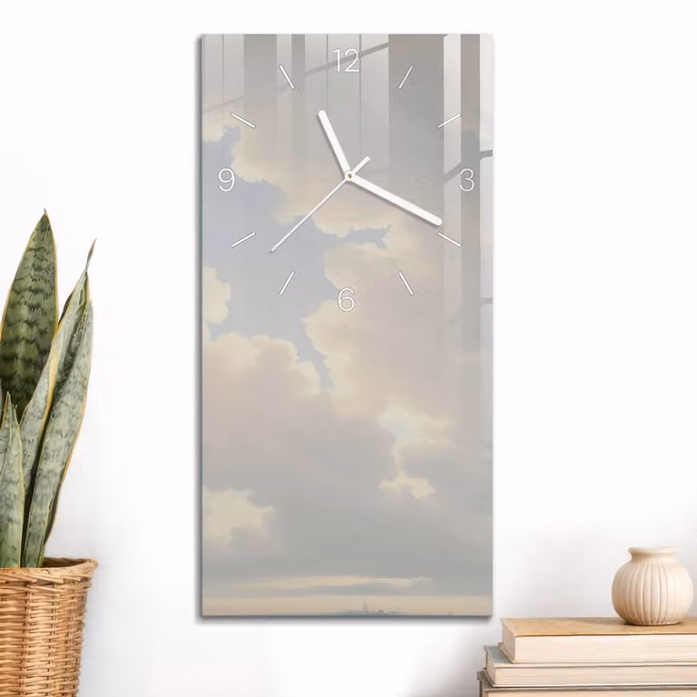 ArtPrintCave Romige Glazen Wandklok met Wolken Aan De Hemel - Rechthoekig - B/D/H: 60 x 30 cm