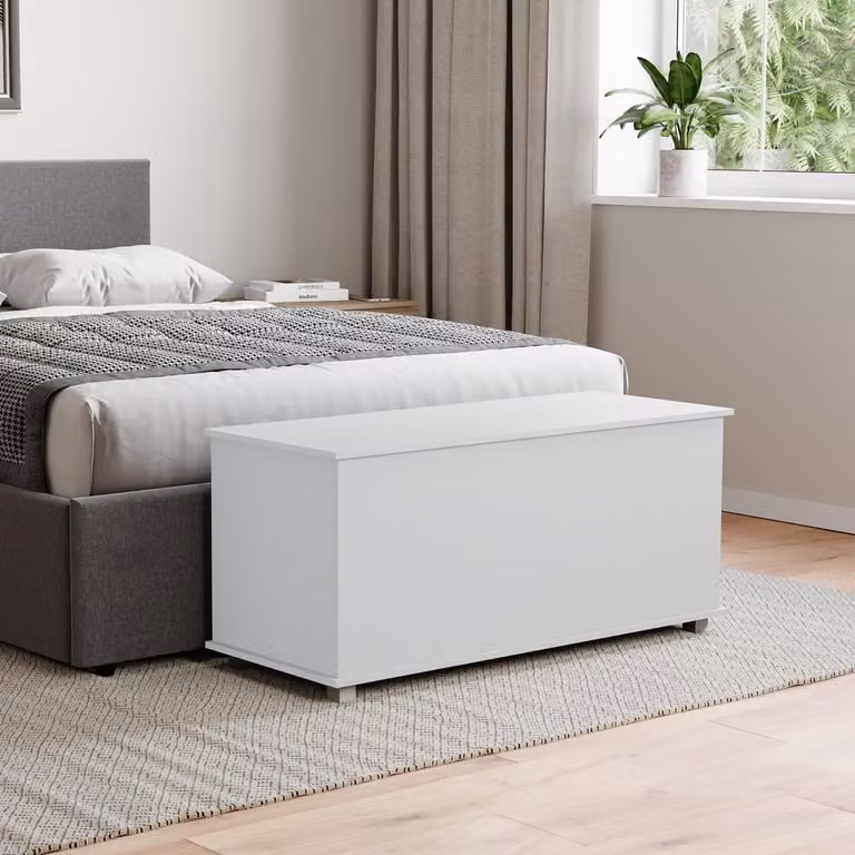 Vida Designs Leon Opbergpoef - Witte houten kist met deksel en zitting als opbergkist of voetenbank