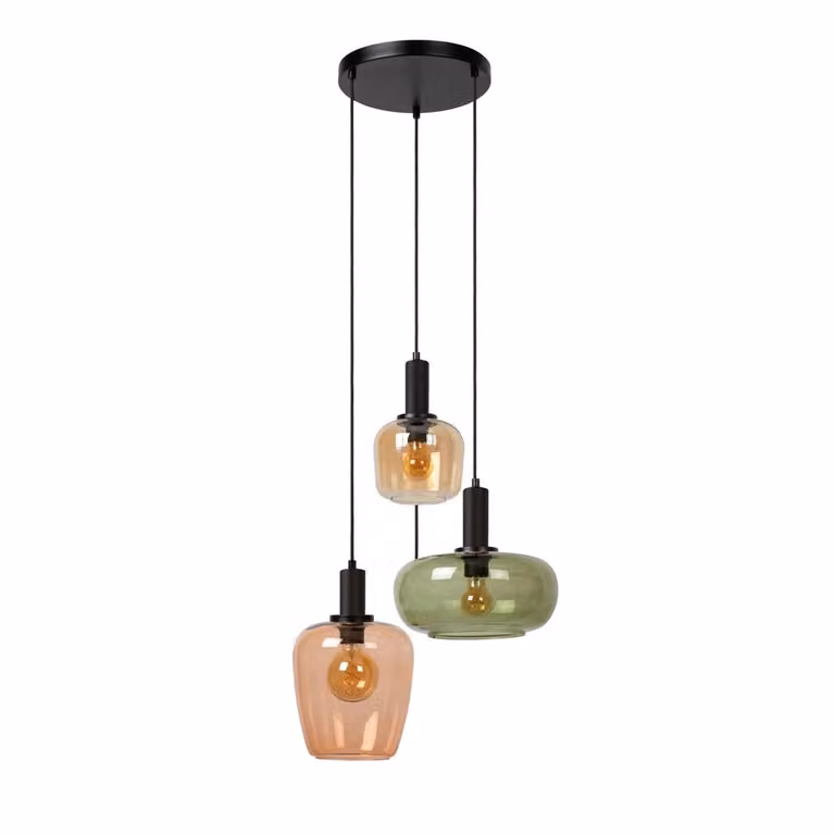 Lucide Ilona 3-lichts hanglamp zwart met meerkleurig amberkleurig glas, dimbaar en hoogte verstelbaar