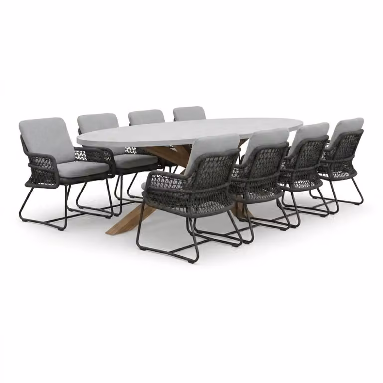 Livorno/Gianna Stone Grey eettafelset voor 8 personen van polystone en touw, Breedte: 280 cm