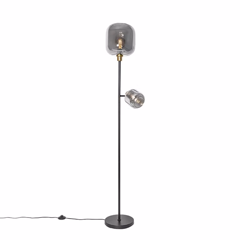 Qazqa Vloerlamp Modern Zwart en Goud met Grijs Glas, 2-lichts, Hoogte: 170 cm