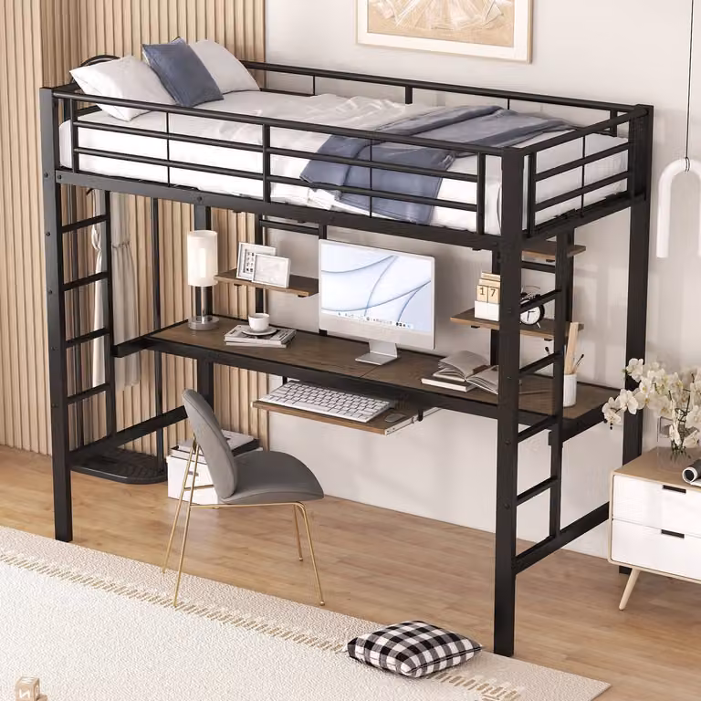 Wishdor Hoogslaper met bureau en 2 boekenplanken, zwart metalen frame, 90 x 200 cm