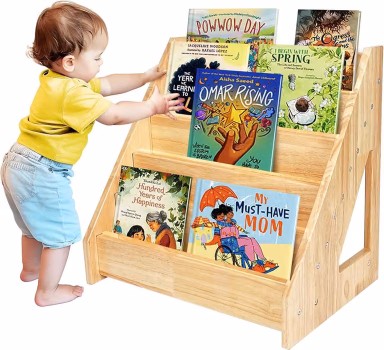 Montessori Kinder Boekenrek met 5 Niveaus in Natuurlijk Hout, Hoogte: 44 cm